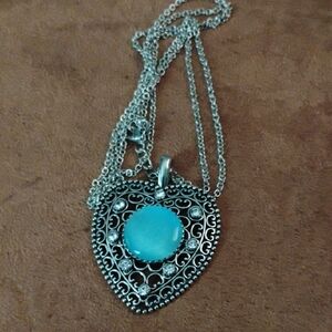 Elegant Silver Heart Necklace with Turquoise Center